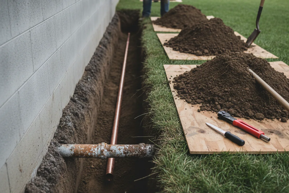 Excavated water line trench during Water Heater Repair in Colville